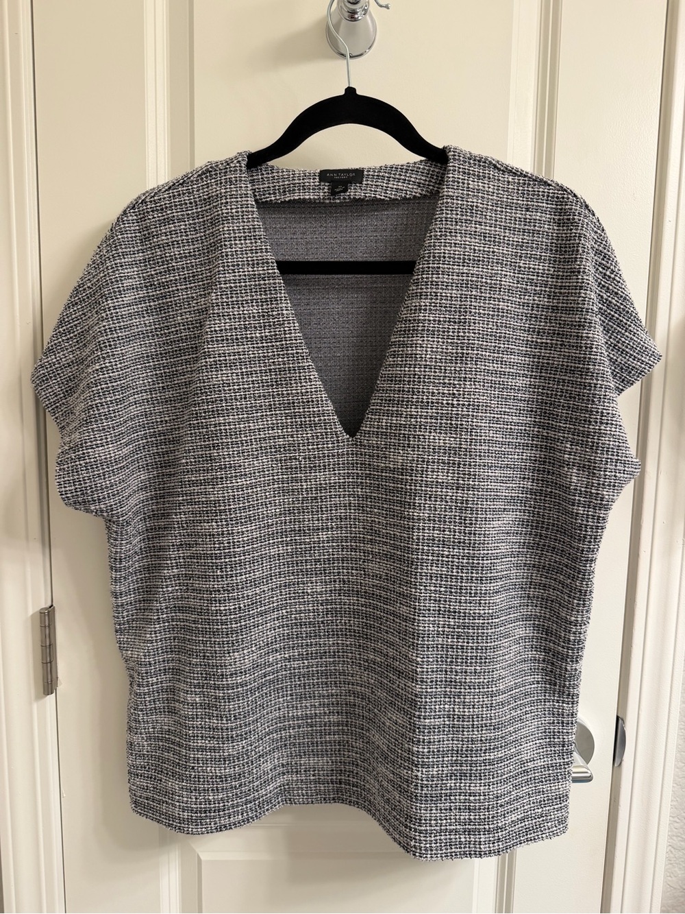 Ann Taylor Factory Black and White Tweed V-Neck Textured Top